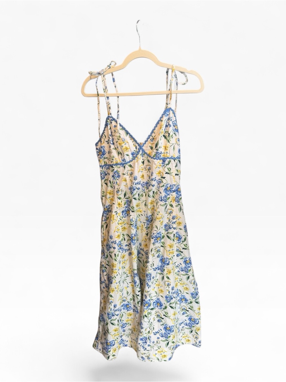 Blue & Yellow Floral Satin Slip Dress with Lace Trim